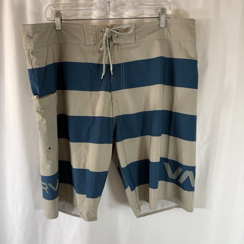RVCA Trunks Men's 38 Beige Blue Striped Drawstring Cargo Pocket Hook Loop